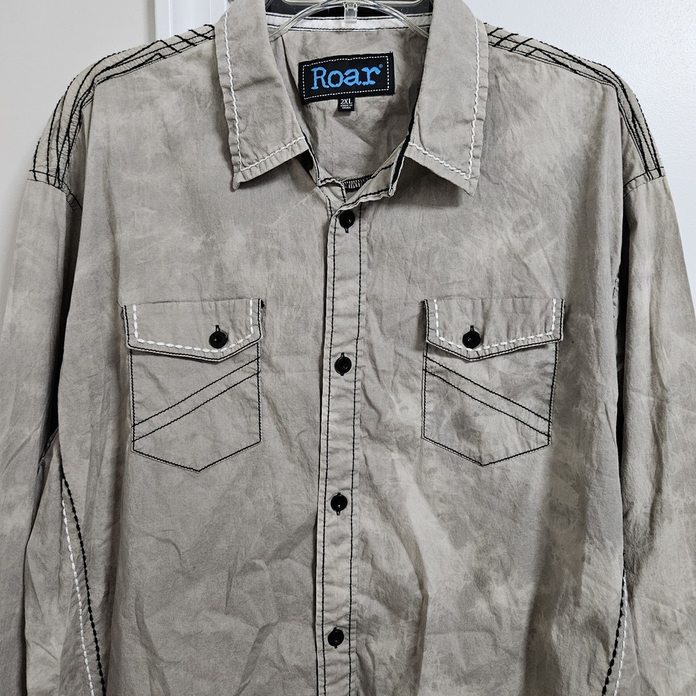 Roar Button Down Men 2XL Grey All Star Signature Contrast Stitch Acid Wash Shirt